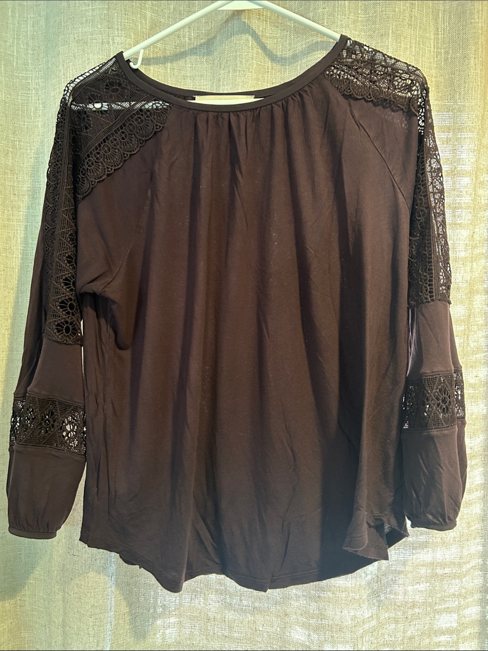 Ann Taylor Black Lace-Trim Long Sleeve Blouse